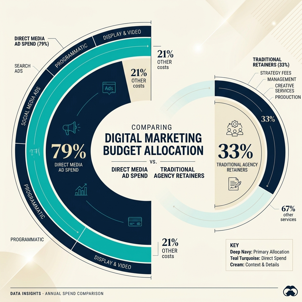 Data comparison chart showing 79 percent budget allocation to ad spend with an independent digital marketing consultant in India vs 33 percent with global agencies