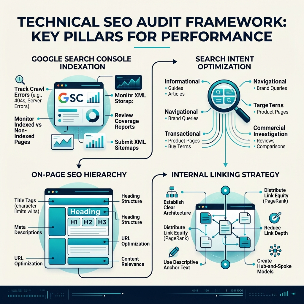 Technical SEO audit framework diagram showing Search Console indexation, search intent, on-page SEO hierarchy, and internal linking